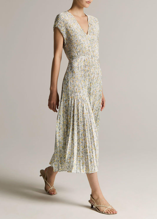 Citrine Bloom Pleated Satin Dress - US 8204