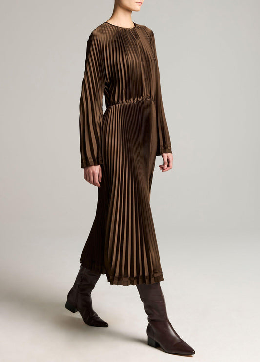 Contrast-Trim Pleated Satin Dress - US 7782