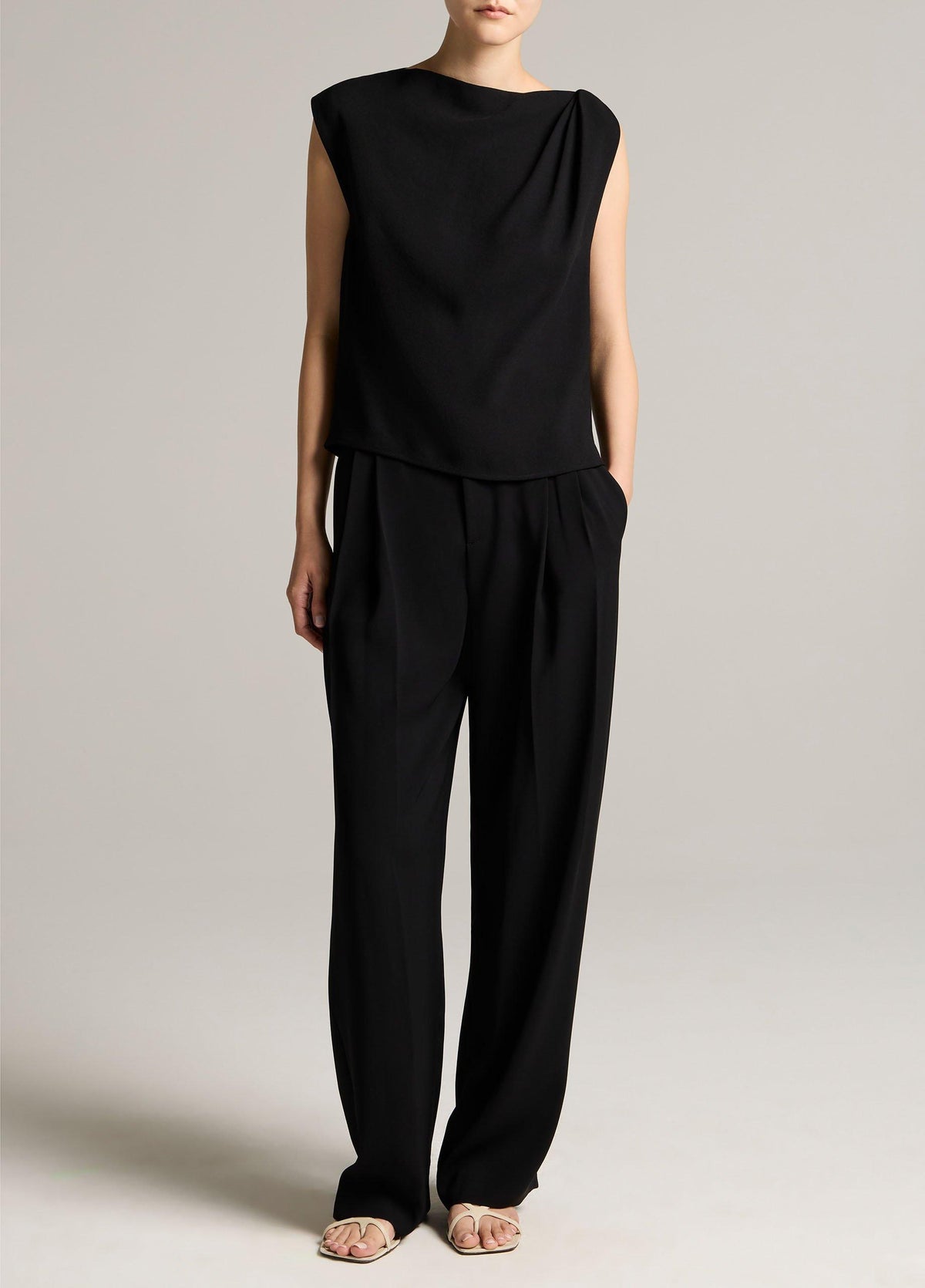 Crepe Draped-Shoulder Sleeveless Top - US 9022