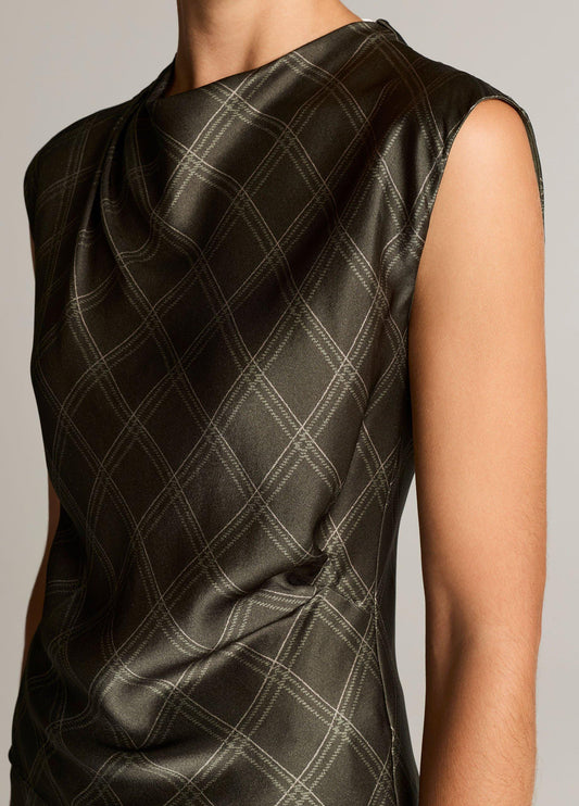 Diamond Plaid Silk Draped Cowl-Neck Top - US 6410