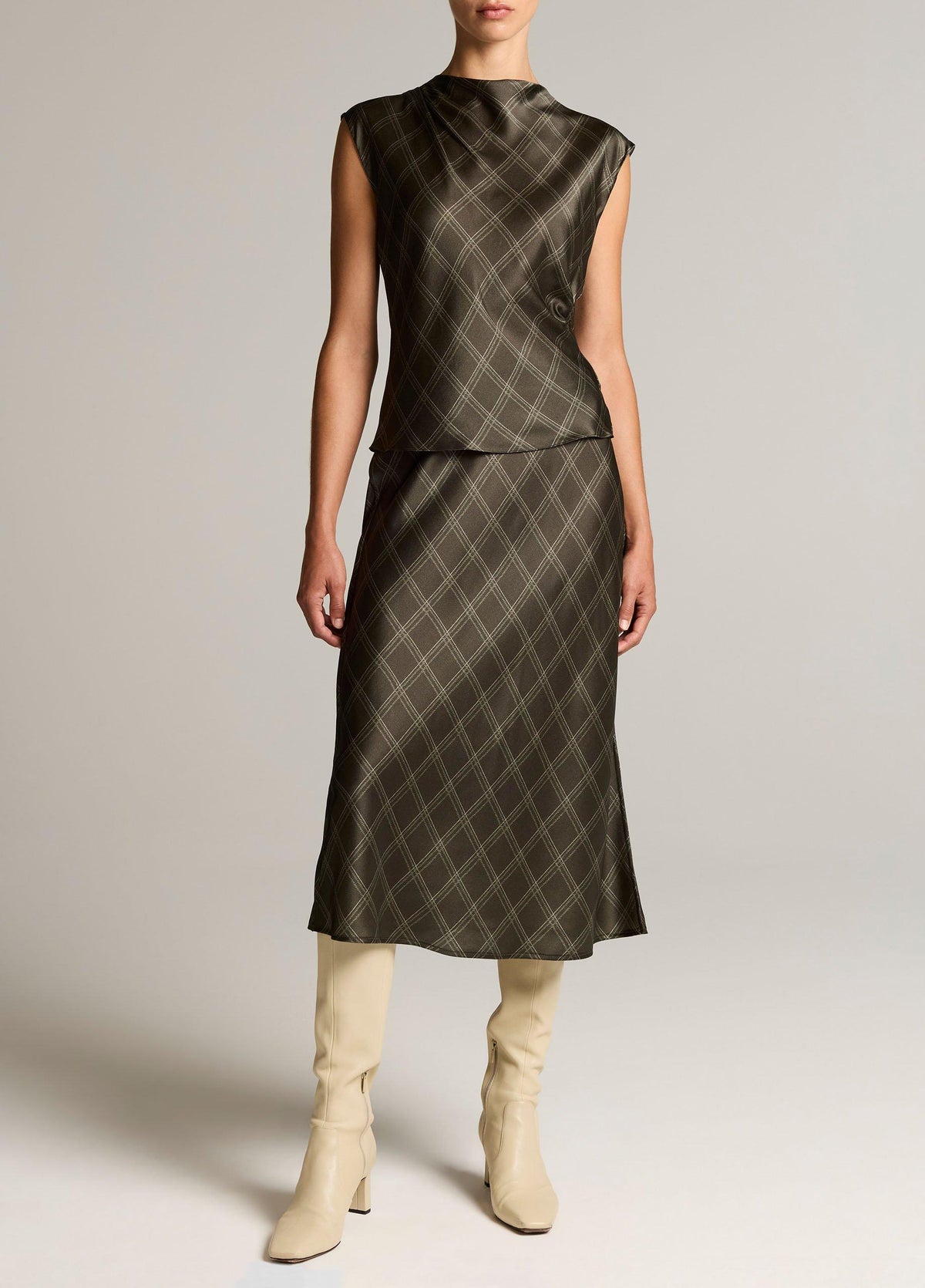 Diamond Plaid Silk Draped Cowl-Neck Top - US 6410
