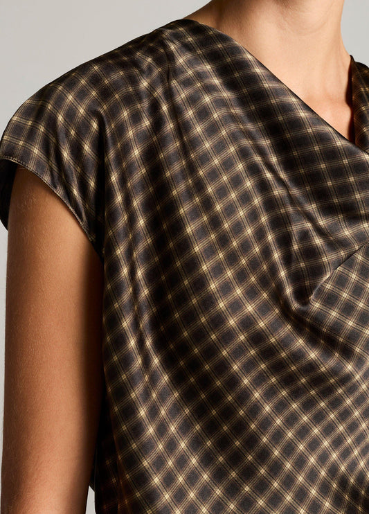 Ombré Plaid Silk Satin Cowl-Neck Blouse - US 1870