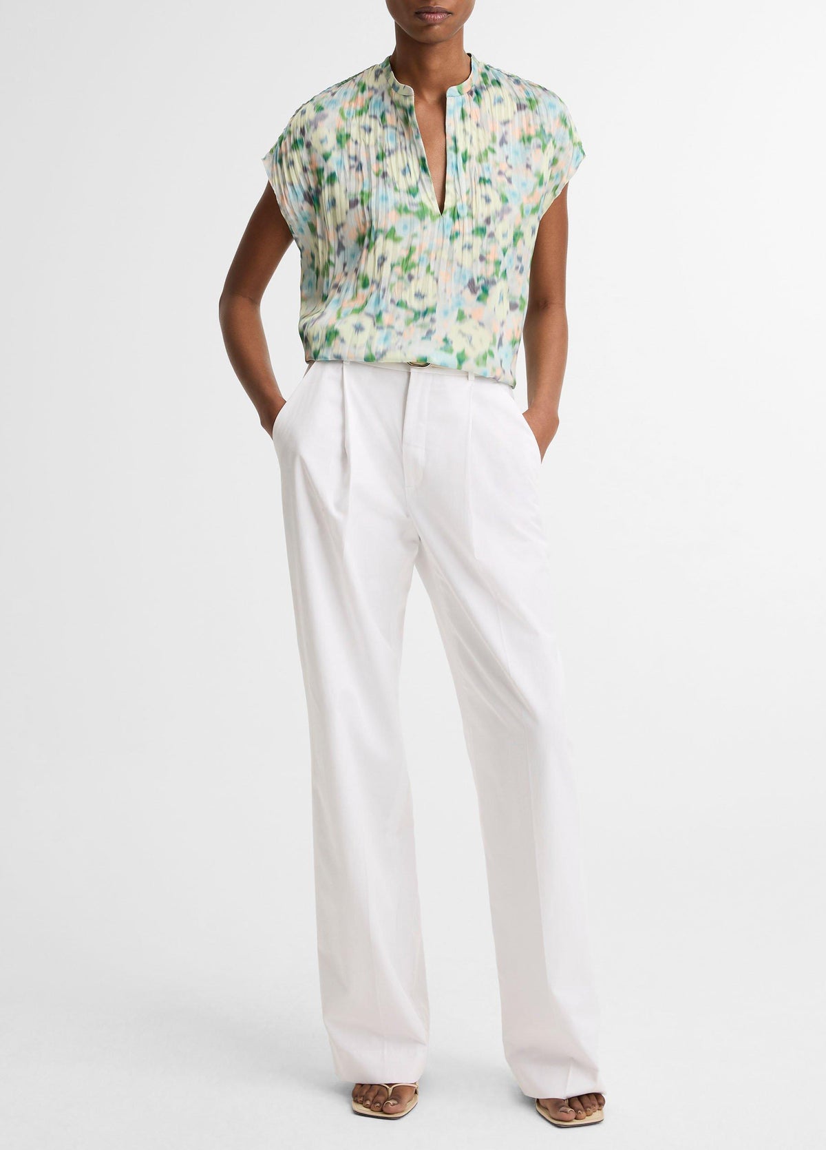 Painted Garden Pleated Cap-Sleeve Top - US 6412