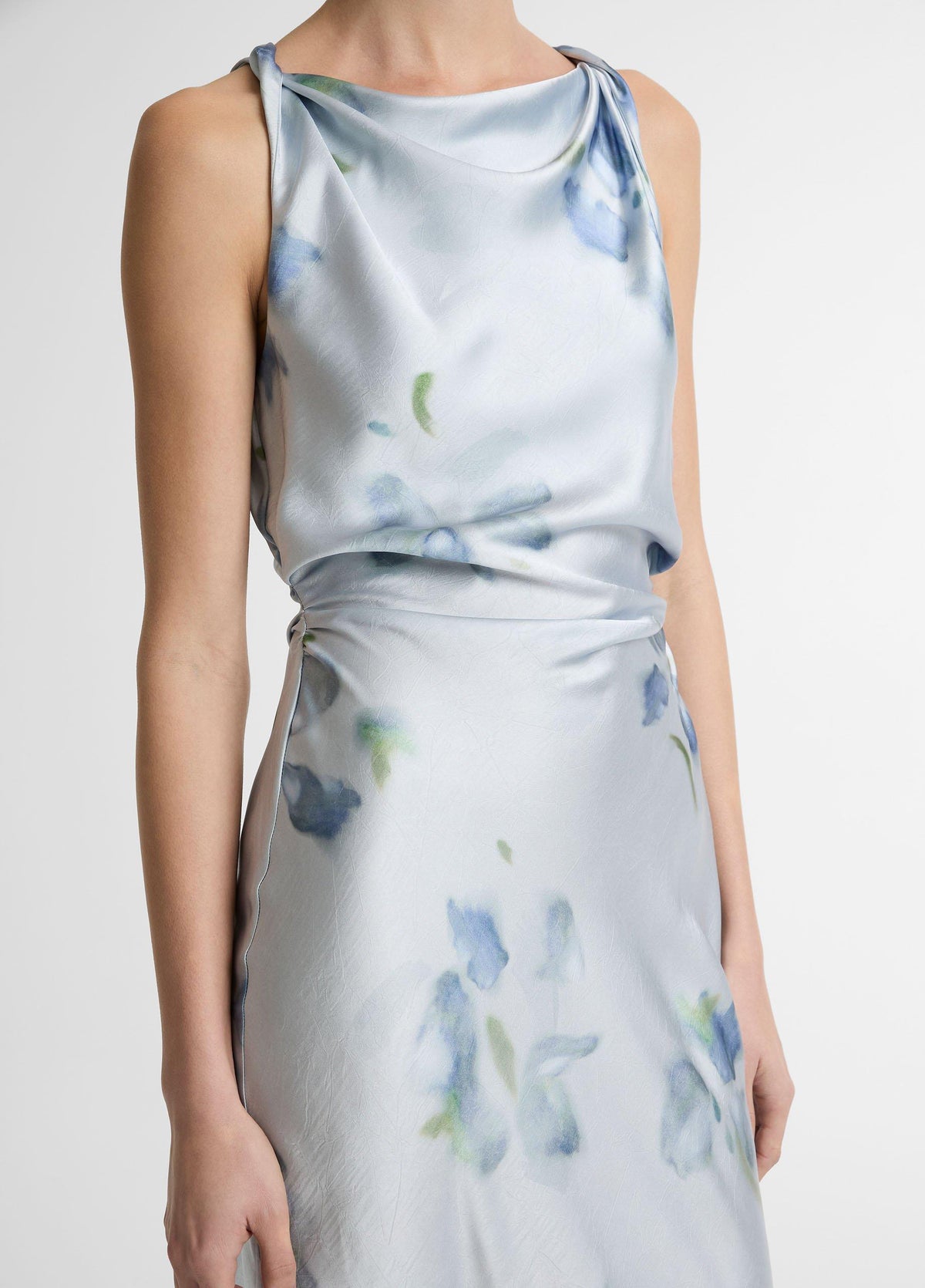 Petal Blur Satin Twist-Shoulder Dress - US 7011