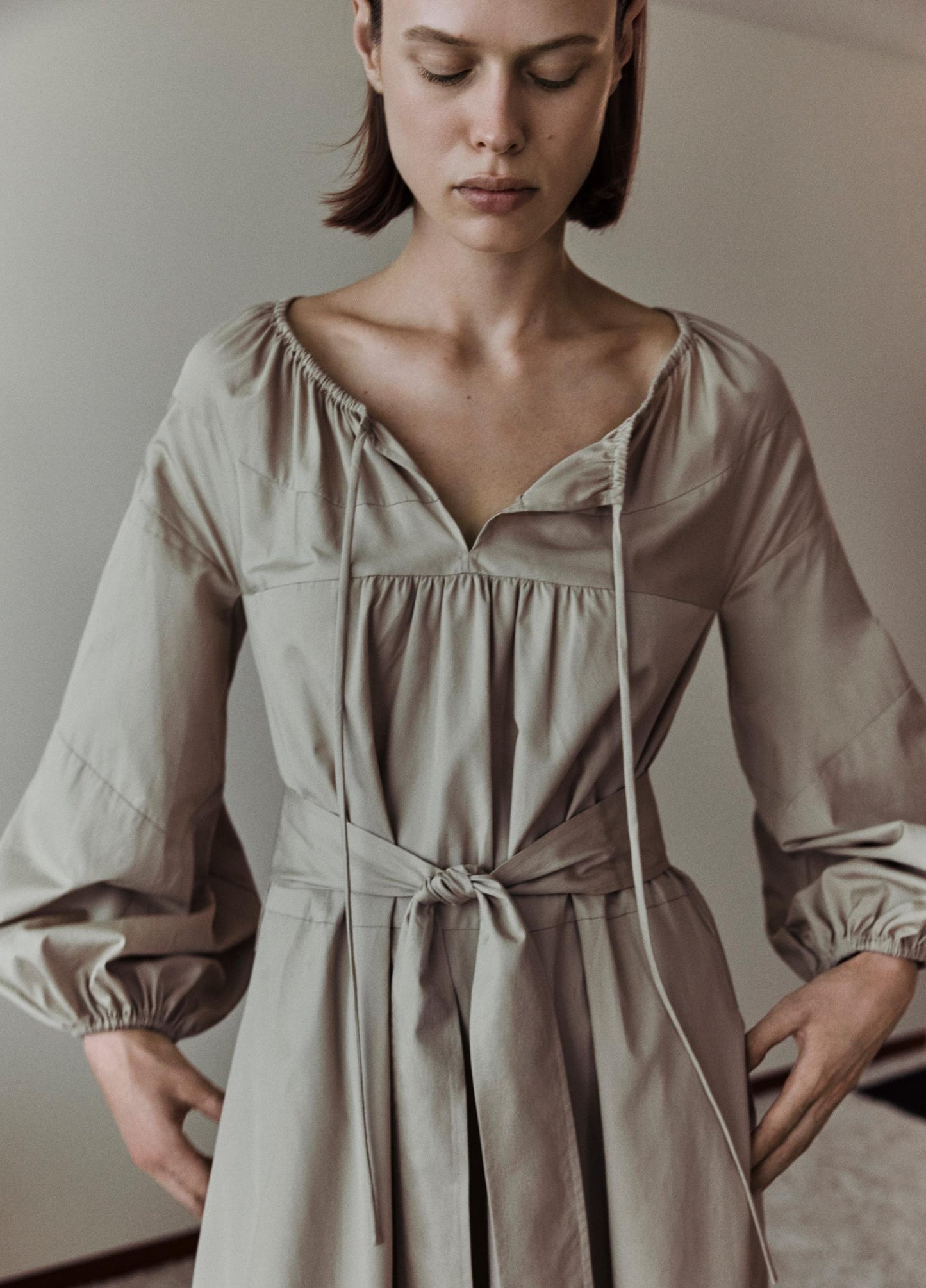 Shirred Cotton Belted Tie-Neck Dress - US 3184