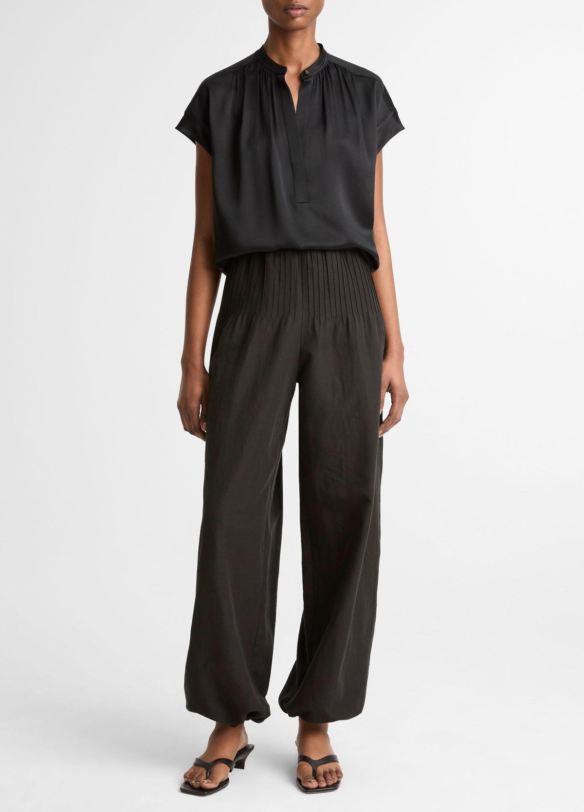 Silk Gathered Cap-Sleeve Blouse - US 4029