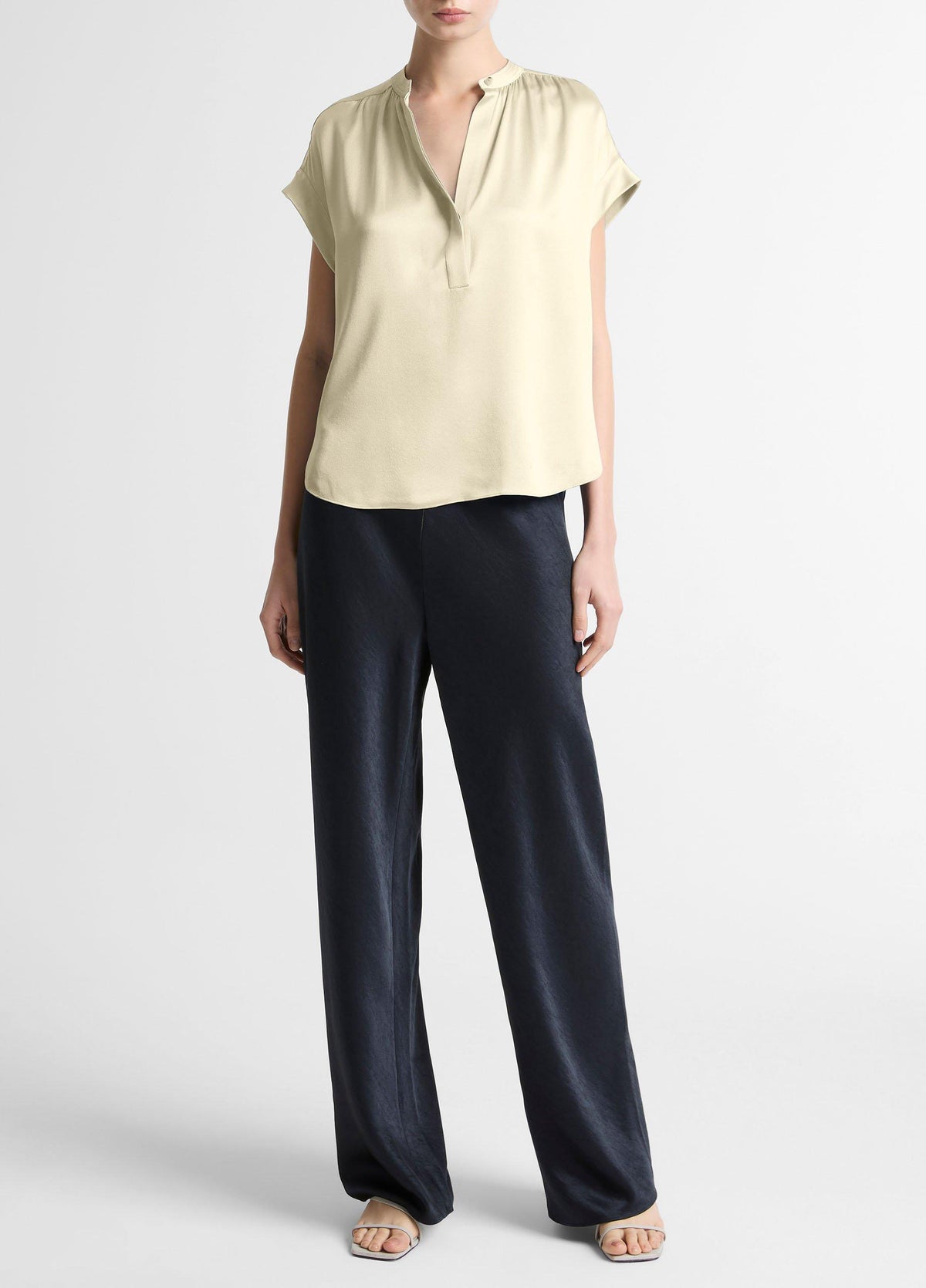 Silk Gathered Cap-Sleeve Blouse - US 6383