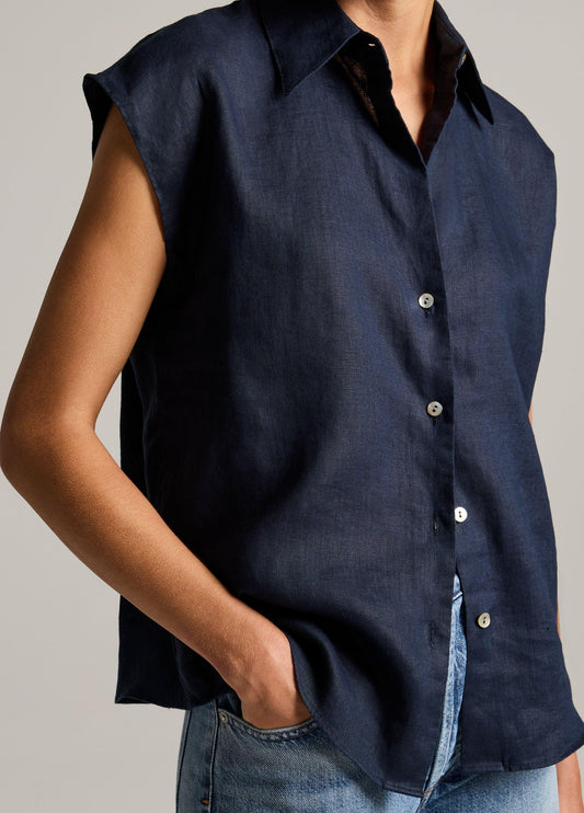 Linen Cap-Sleeve Button-Front Blouse - US 4227