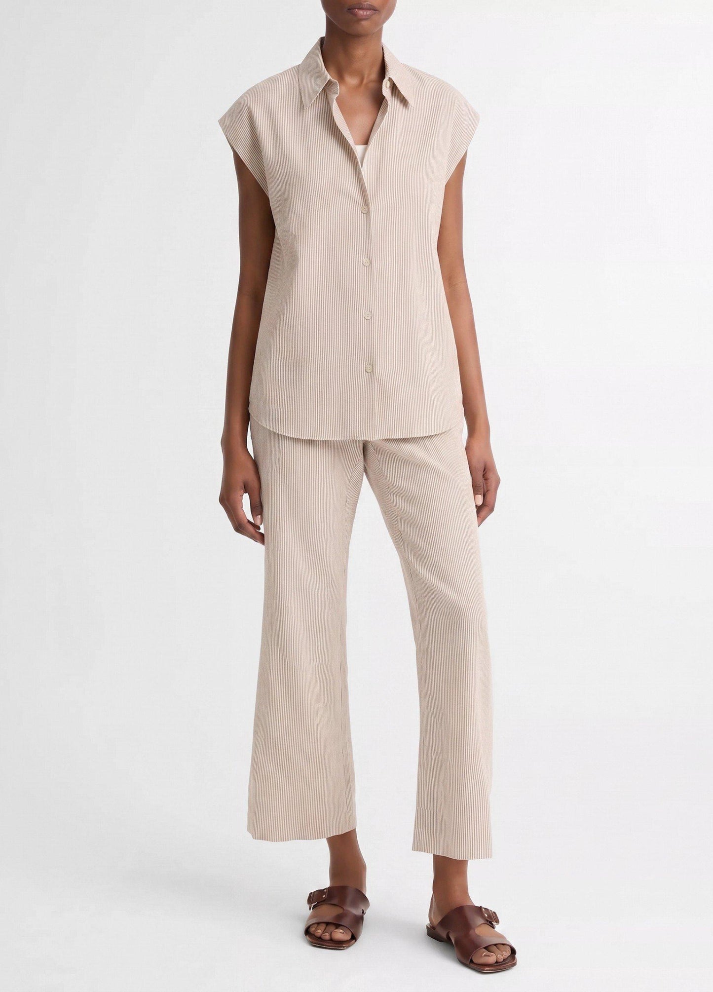 Ticking Stripe Linen-Cotton Cap-Sleeve Blouse - US 3199