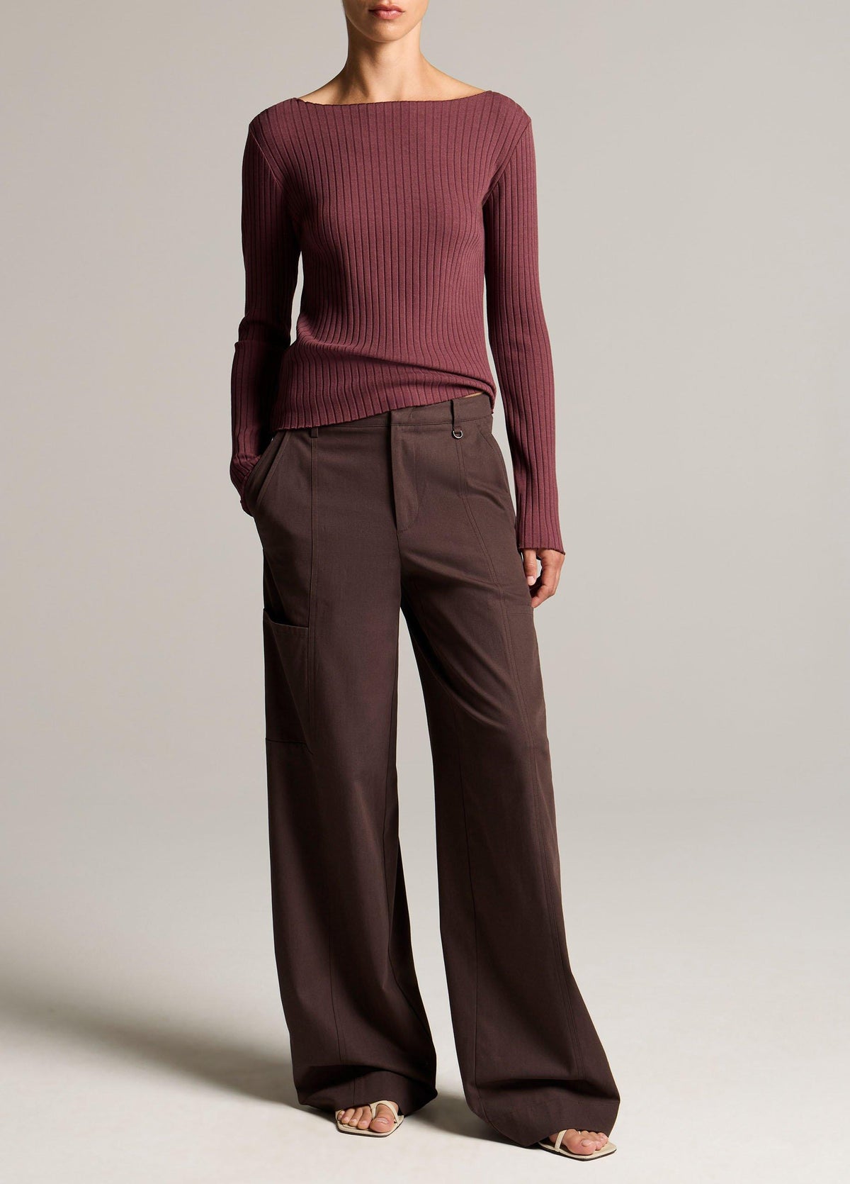 Ribbed Cotton-Blend Slash-Neck Long-Sleeve Top - US 2580