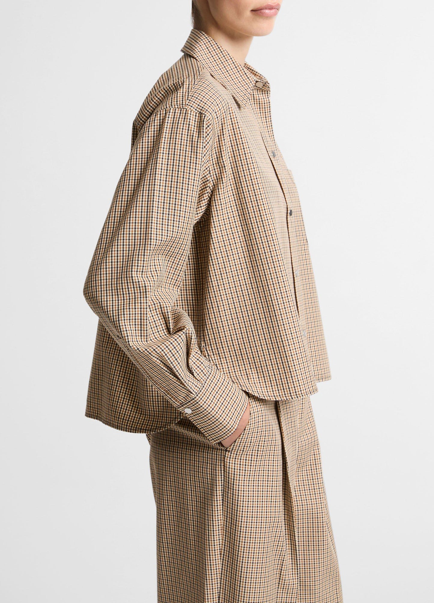 Checked Italian Cotton-Blend Cropped Button-Front Shirt - US 6120