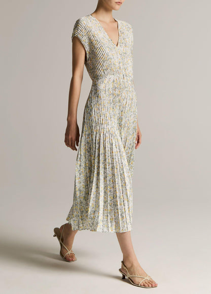 Citrine Bloom Pleated Satin Dress - US 8204
