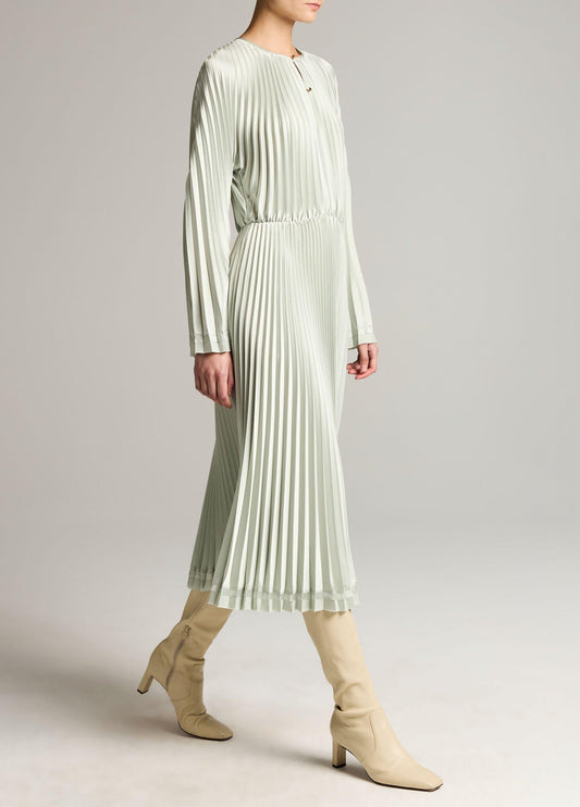 Contrast-Trim Pleated Satin Dress - US 3410