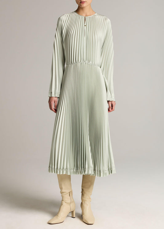 Contrast-Trim Pleated Satin Dress - US 3410