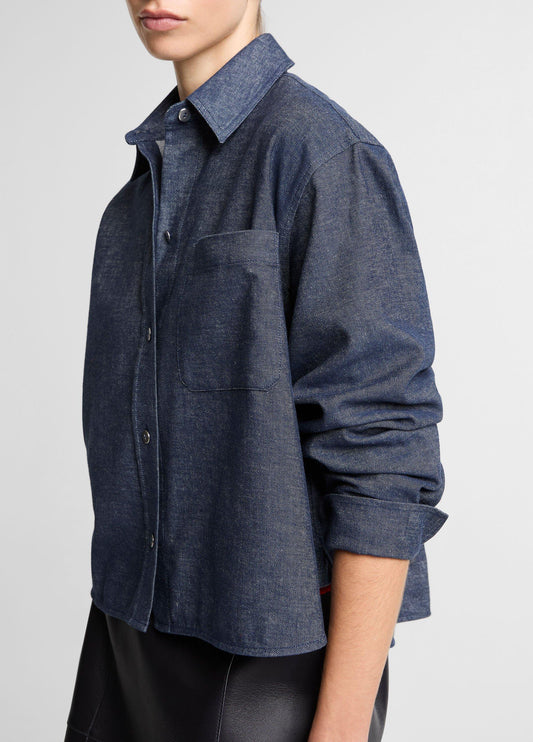 Cotton-Linen Chambray Cropped Button-Front Shirt - US 1487