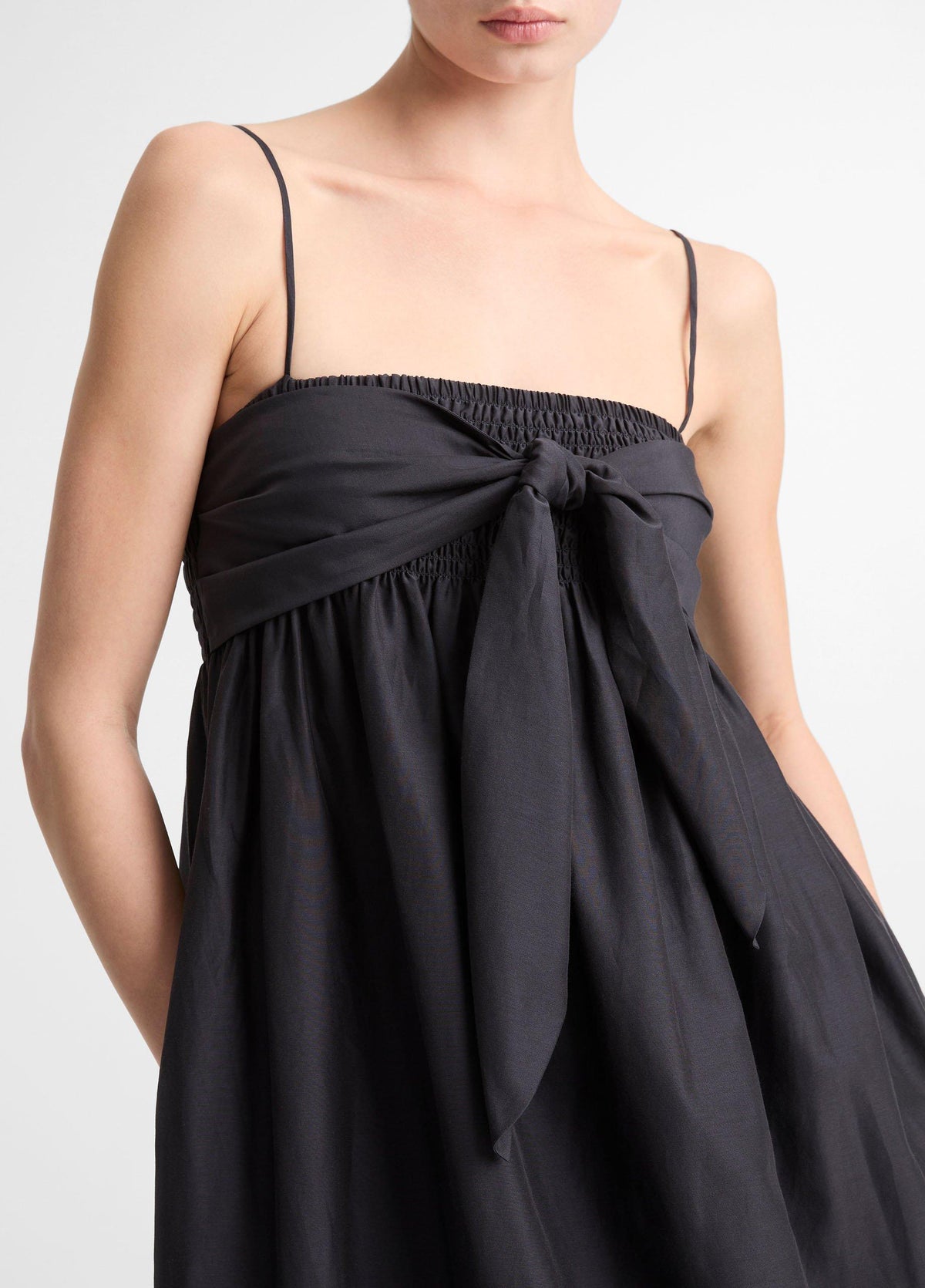 Cotton-Silk Tie Smocked Dress - US 6603