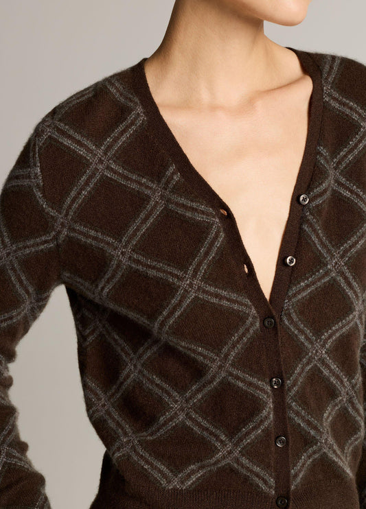 Diamond Plaid Cashmere V-Neck Cardigan - US 5353