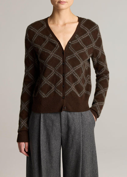 Diamond Plaid Cashmere V-Neck Cardigan - US 5353
