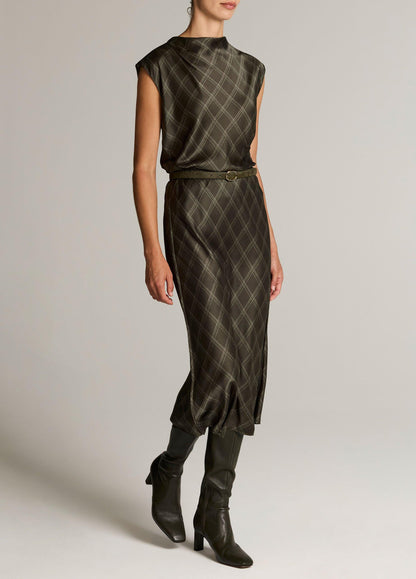 Diamond Plaid Matte Satin Slip Skirt - US 4382