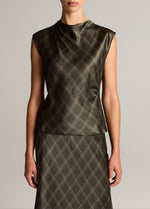 Diamond Plaid Silk Draped Cowl-Neck Top - US 6410