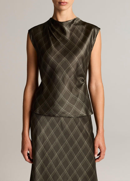 Diamond Plaid Silk Draped Cowl-Neck Top - US 6410