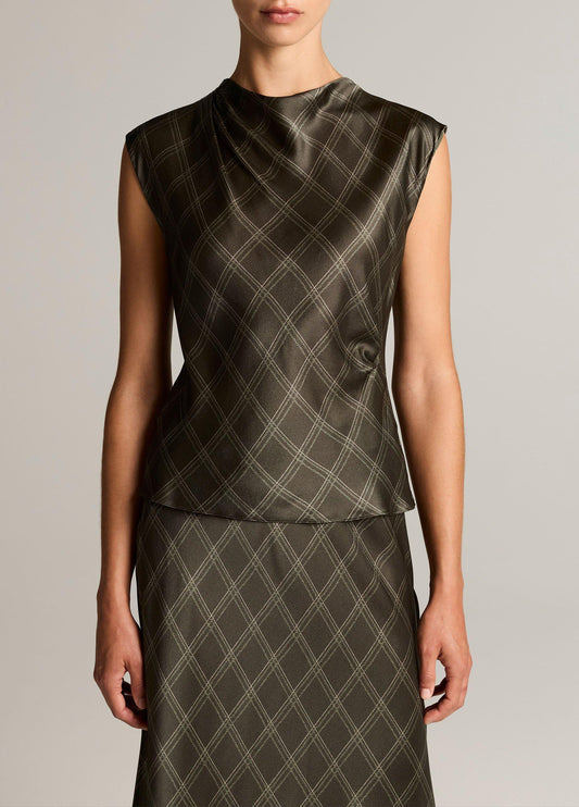 Diamond Plaid Silk Draped Cowl-Neck Top - US 6410