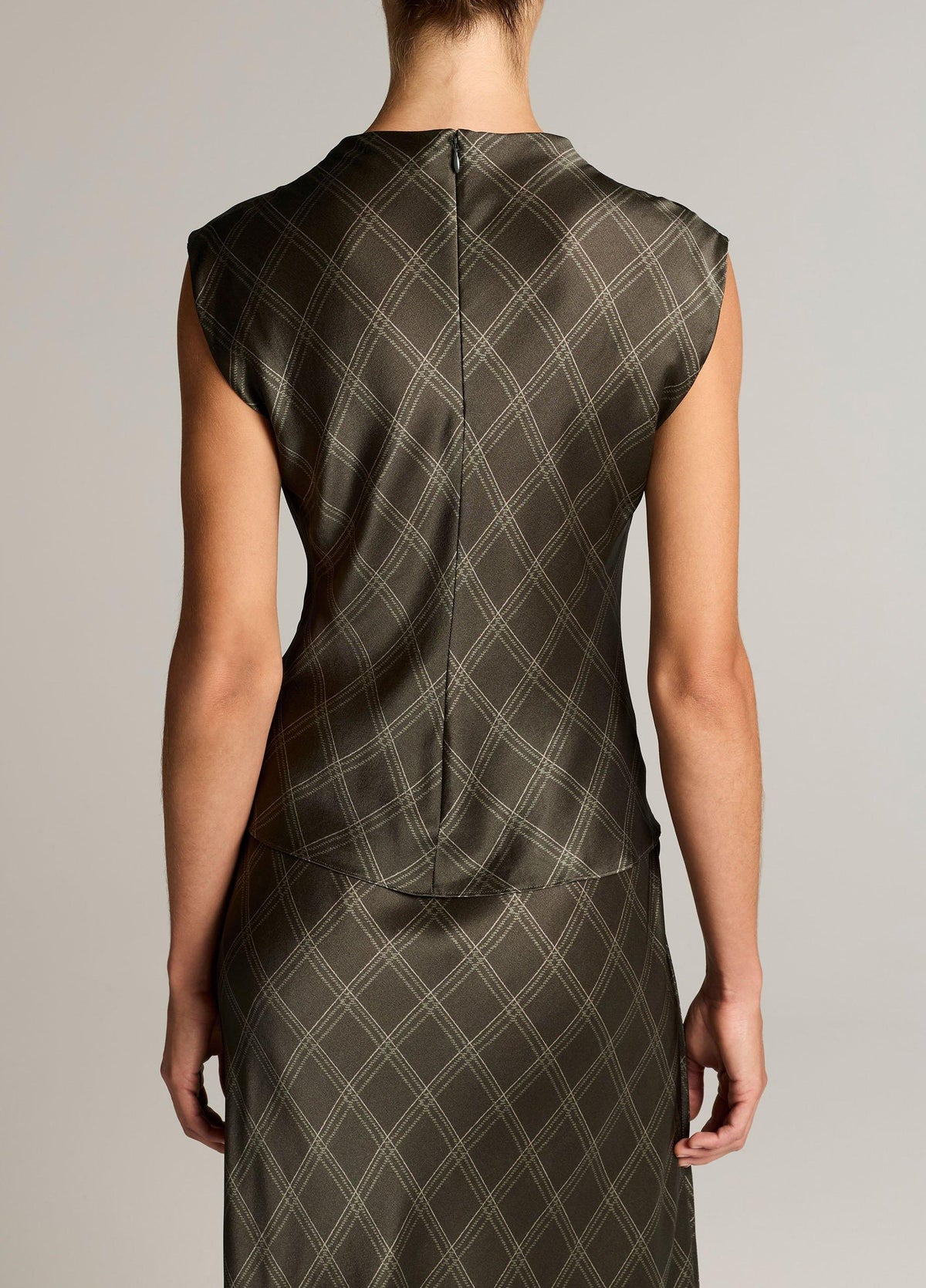Diamond Plaid Silk Draped Cowl-Neck Top - US 6410