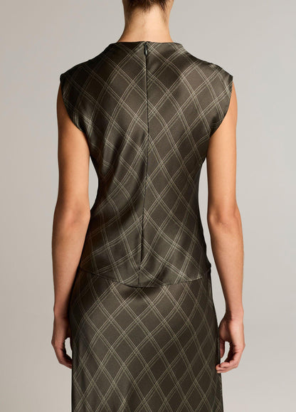 Diamond Plaid Silk Draped Cowl-Neck Top - US 6410