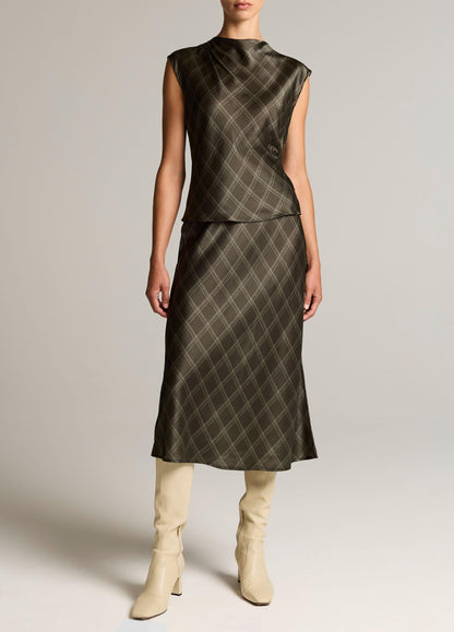 Diamond Plaid Silk Draped Cowl-Neck Top - US 6410