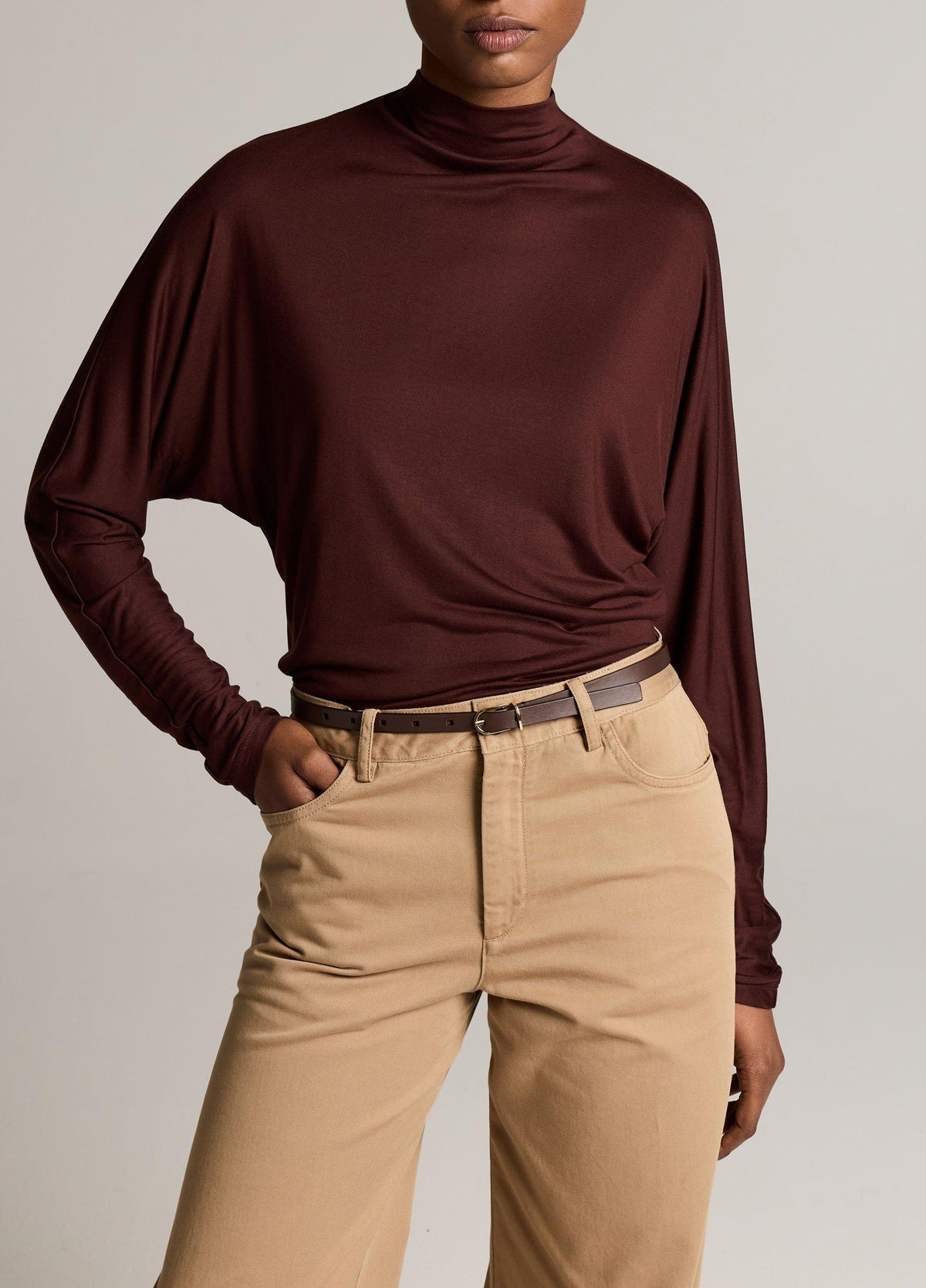 Draped Funnel-Neck Dolman-Sleeve Top - US 4985