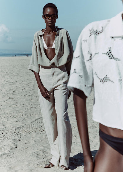 Gathered A-Line Button-Front Shirt - US 2866