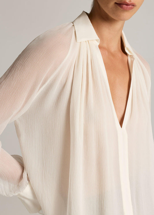 Gathered Sheer Chiffon Collared Blouse - US 6795