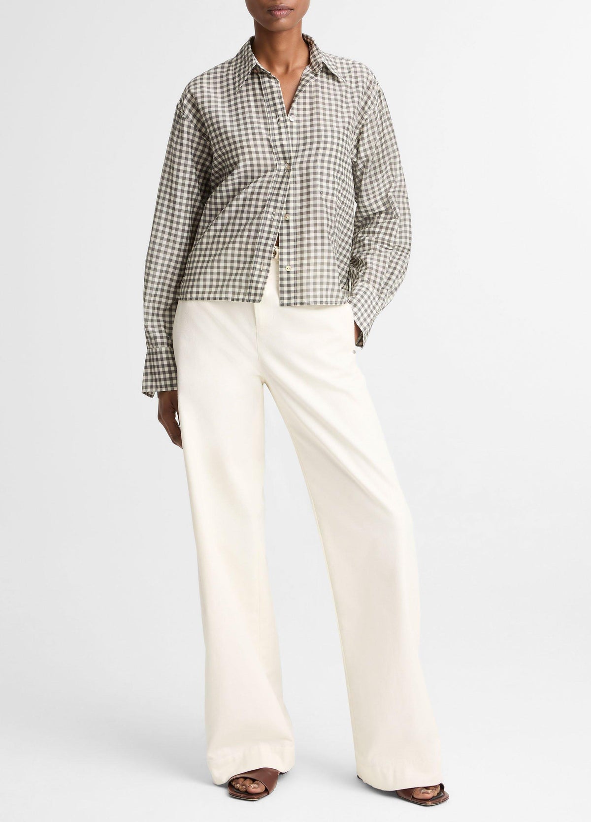 Gingham Cotton-Silk Cropped Button-Front Shirt - US 6820