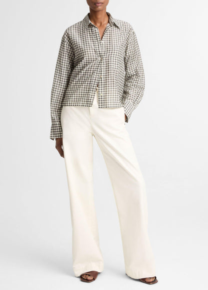 Gingham Cotton-Silk Cropped Button-Front Shirt - US 6820