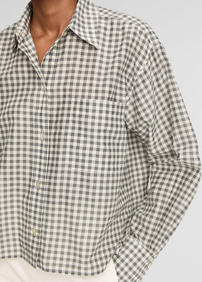 Gingham Cotton-Silk Cropped Button-Front Shirt - US 6820