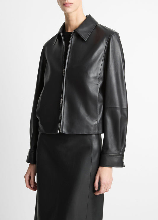 Leather Cropped Zip-Front Jacket - US 4514