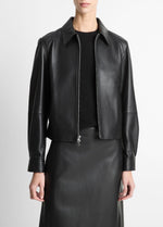Leather Cropped Zip-Front Jacket - US 4514