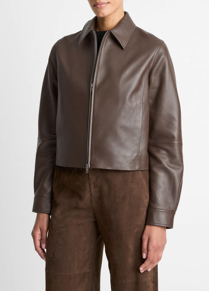 Leather Cropped Zip-Front Jacket - US 7841