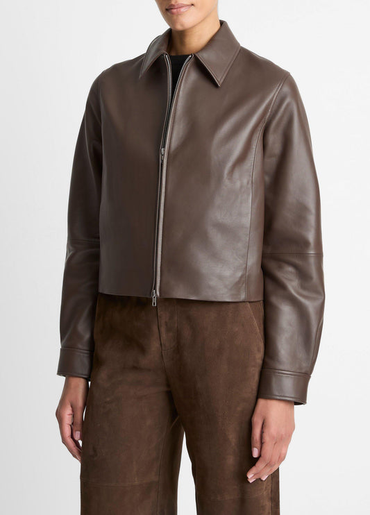 Leather Cropped Zip-Front Jacket - US 7841