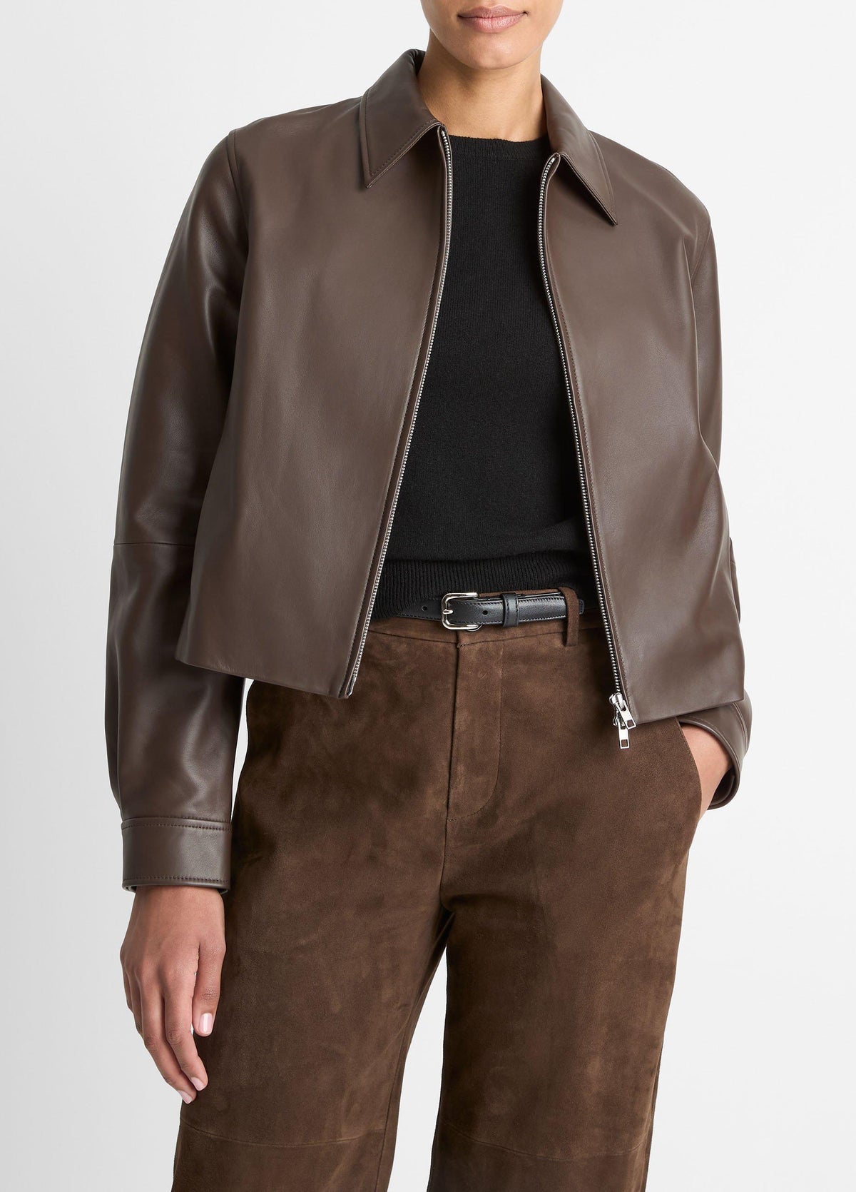 Leather Cropped Zip-Front Jacket - US 7841