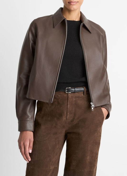 Leather Cropped Zip-Front Jacket - US 7841