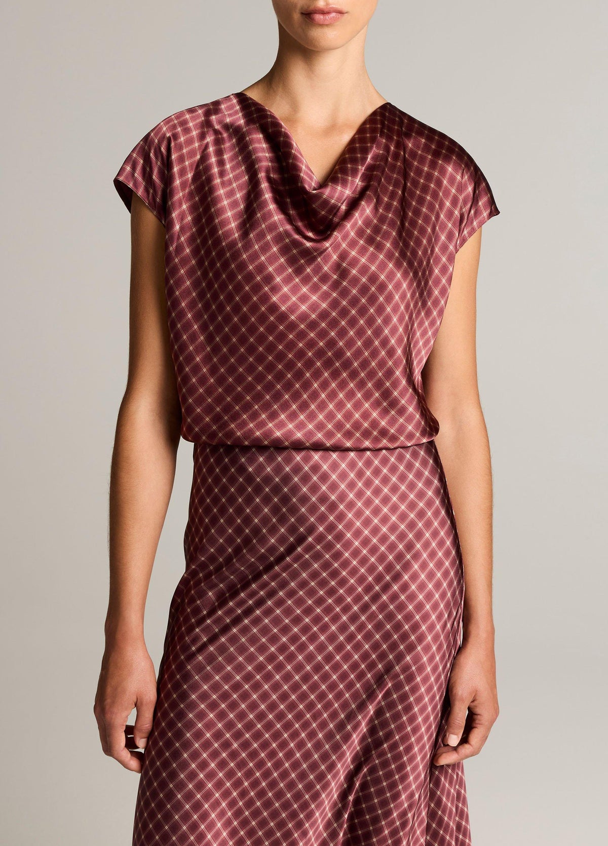 Ombré Plaid Silk Satin Cowl-Neck Blouse - US 6644