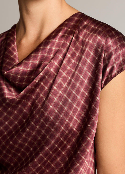 Ombré Plaid Silk Satin Cowl-Neck Blouse - US 6644