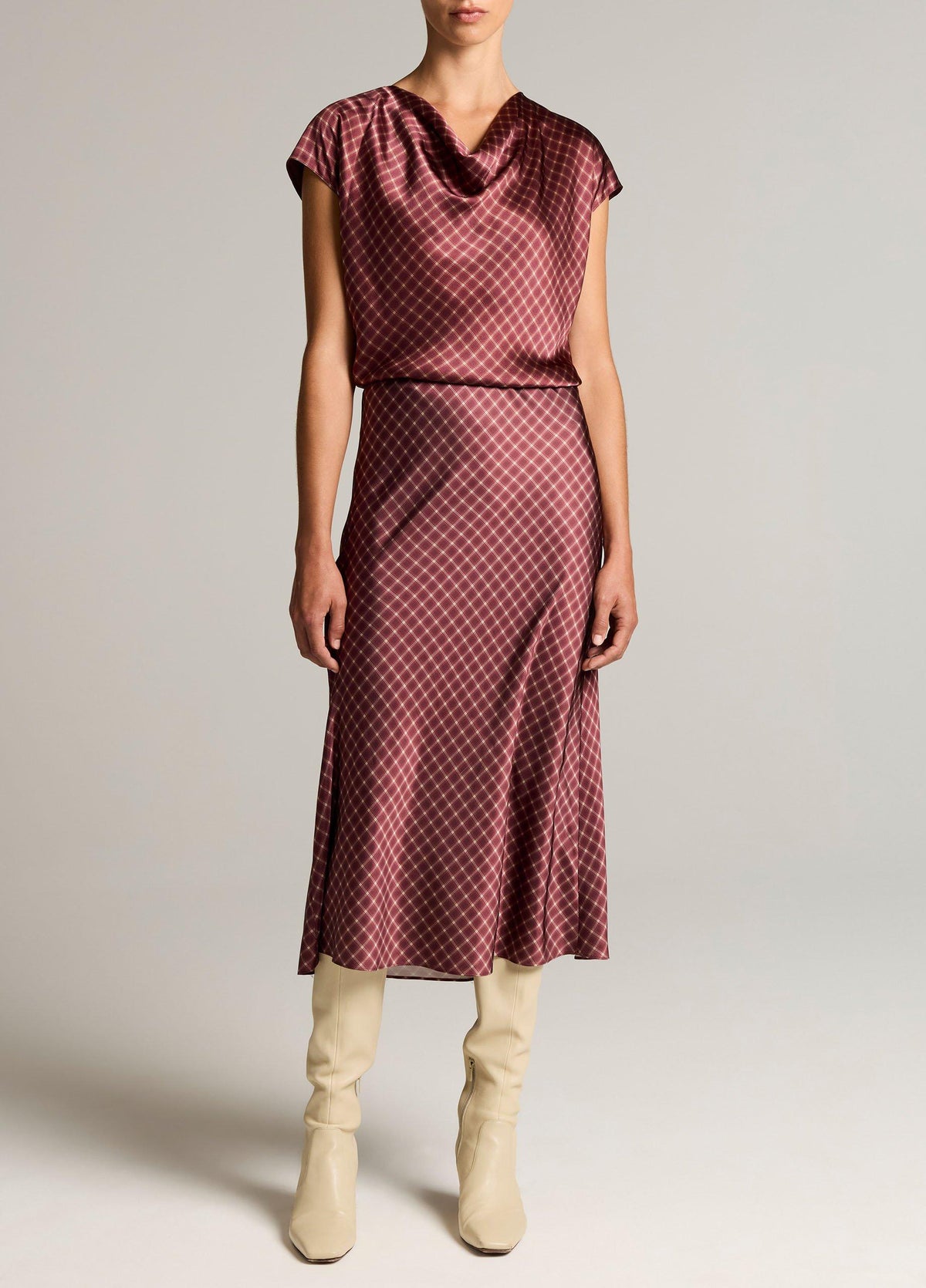 Ombré Plaid Silk Satin Cowl-Neck Blouse - US 6644