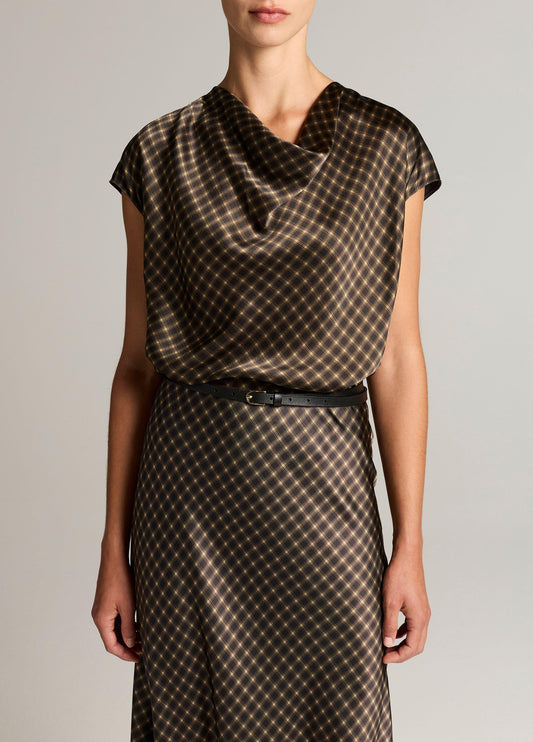 Ombré Plaid Silk Satin Cowl-Neck Blouse - US 1870