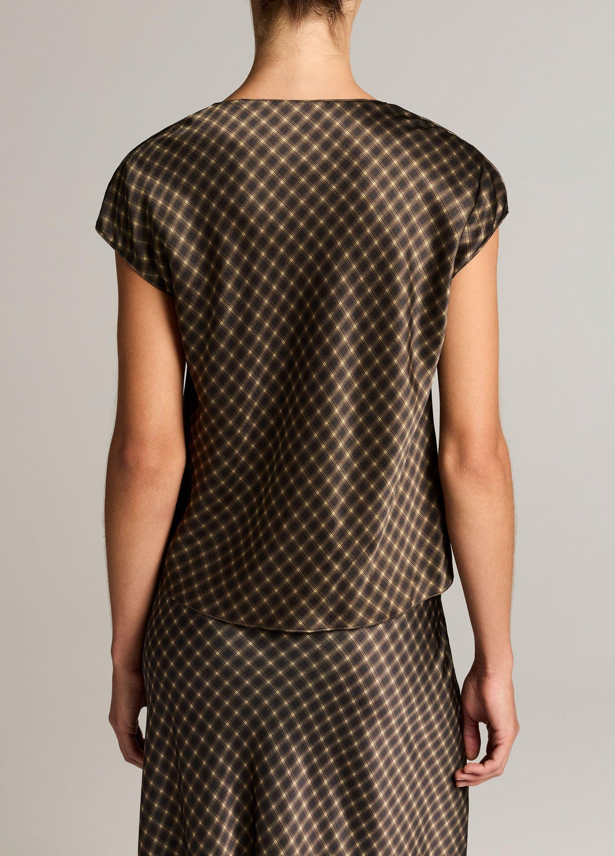 Ombré Plaid Silk Satin Cowl-Neck Blouse - US 1870