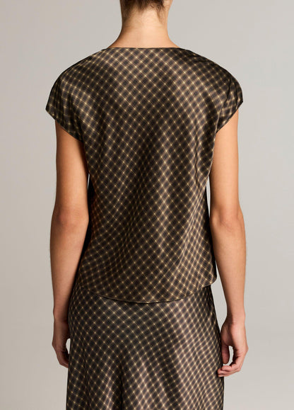 Ombré Plaid Silk Satin Cowl-Neck Blouse - US 1870