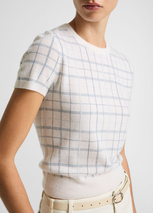 Plaid Cashmere-Blend Short-Sleeve Sweater - US 9262