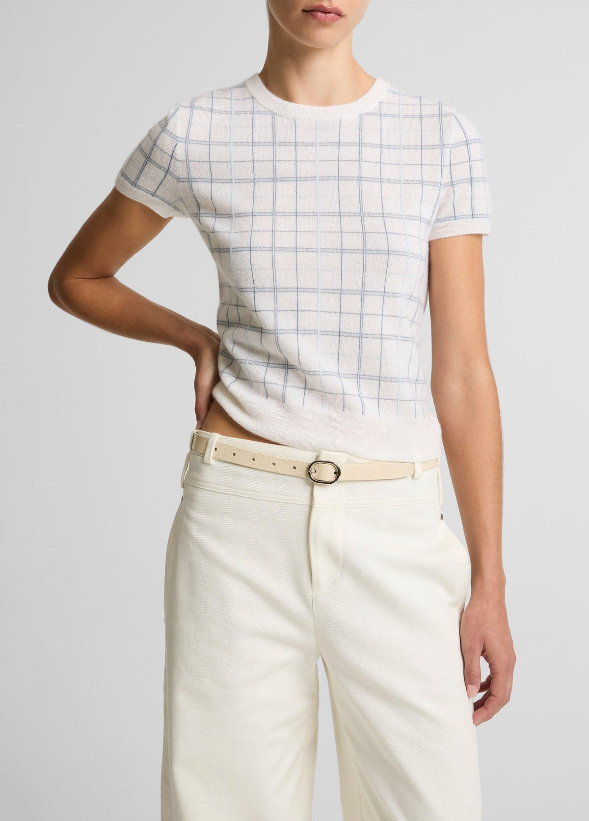Plaid Cashmere-Blend Short-Sleeve Sweater - US 9262
