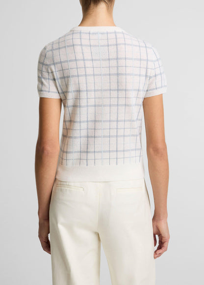 Plaid Cashmere-Blend Short-Sleeve Sweater - US 9262